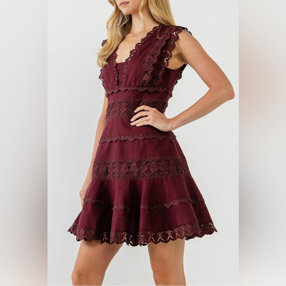 Endless Rose Women's Plunging Neck Lace Trim Dress, Burgundy, Size Medium